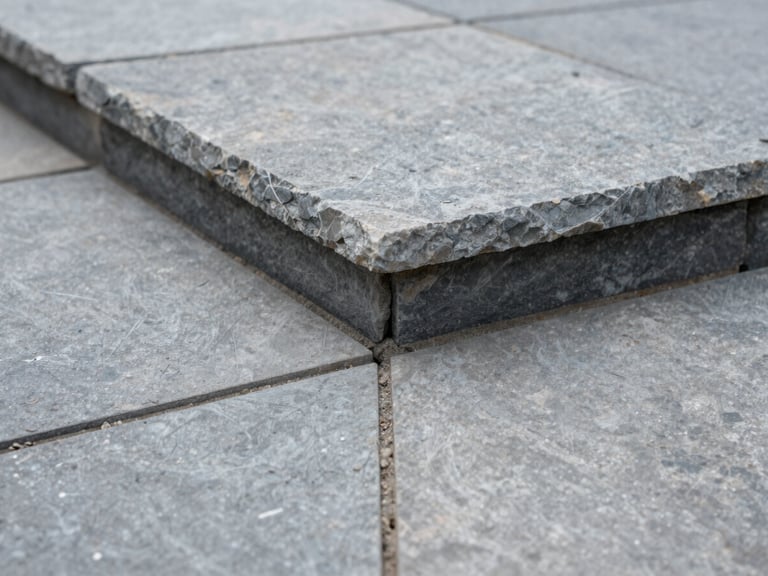 Extreme close-up of flagstone joint work on a finished residential patio, mortar lines clean and level, overcast daylight revealing texture of cut stone edges, no people, no staging