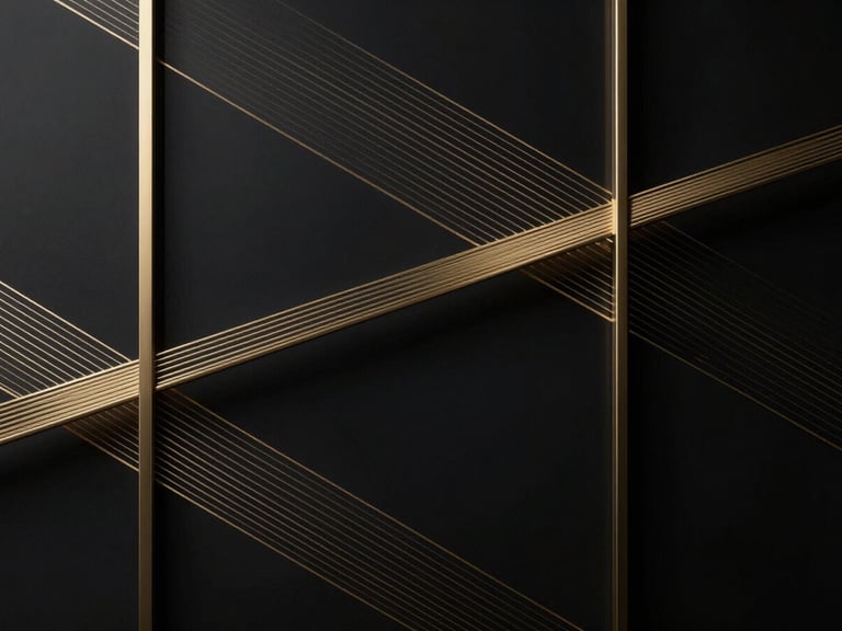 Abstract light plays on dark glass panels and subtle golden lines, clean luxury graphic aesthetic, moody low-key studio lighting, wide aspect