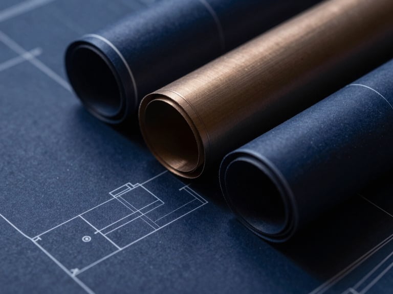 Extreme close-up of architectural blueprints, sharp shadows, minimalist structural lines, deep navy tones, 35mm