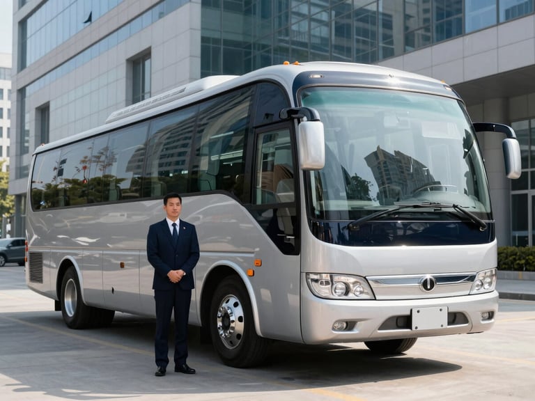 Modern executive motorcoach parked outside a corporate office building, professional chauffeur standing by, crisp morning daylight, deep navy and silver tones, clean reflections, sharp focus, 50mm lens