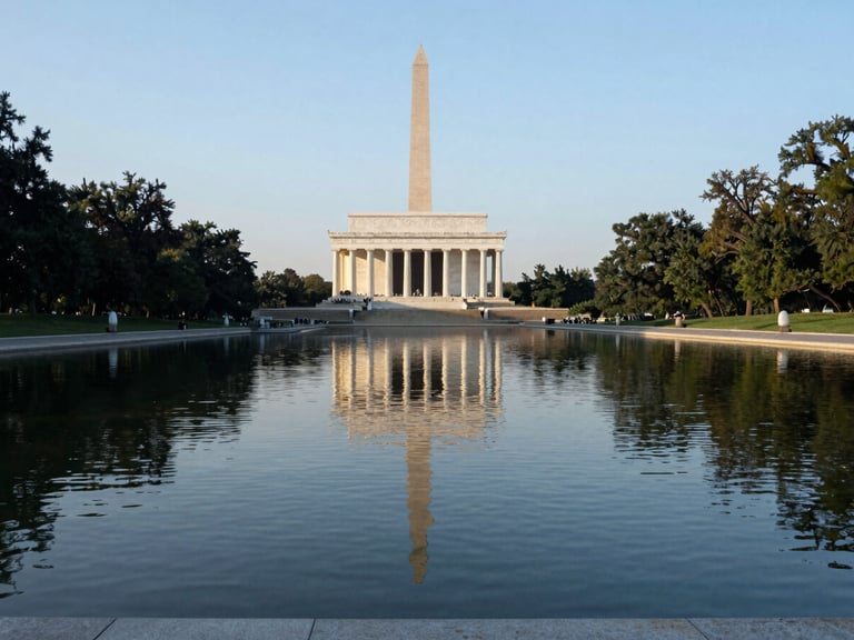 The Lincoln Memorial reflecting pool at early morning, with the Washington Monument in the distance, clear skies.