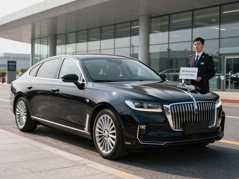Pristine black executive sedan parked at a modern airport terminal curb, chauffeur in uniform holding a sign, crisp morning daylight, deep navy and silver tones, clean reflections, sharp focus, 50mm lens