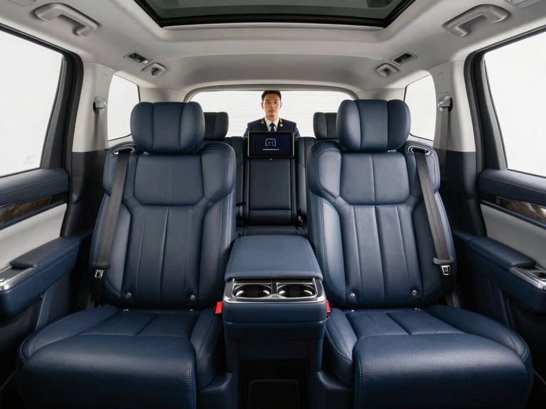 Clean, spacious interior of a luxury SUV, dispatch screen visible in background, professional chauffeur in uniform, crisp morning daylight, deep navy and silver tones, clean reflections, sharp focus, 50mm lens