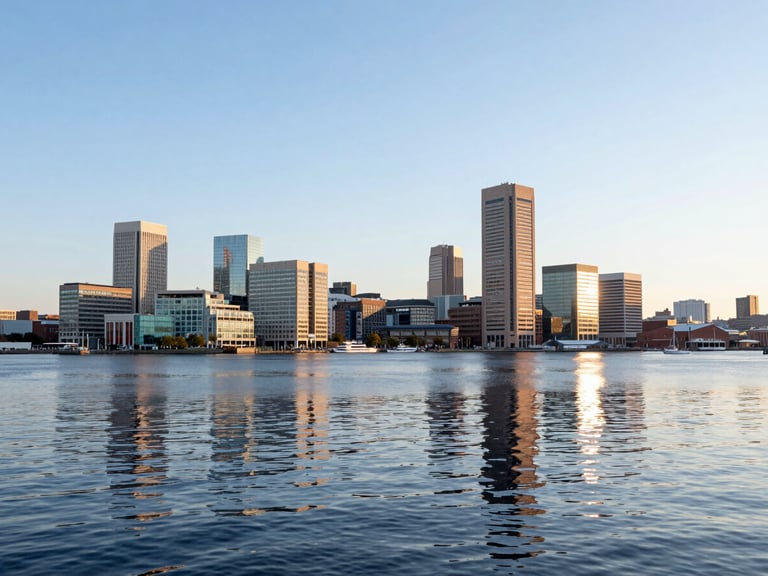 Panoramic view of the Baltimore Inner Harbor at dawn, with modern buildings and calm water, crisp morning light.