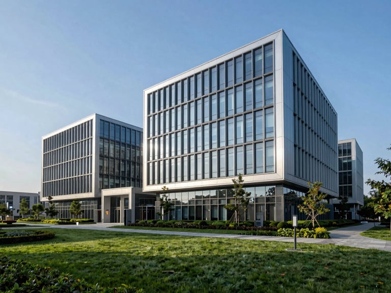 Modern corporate campus architecture in Northern Virginia, with manicured landscaping and clear skies.