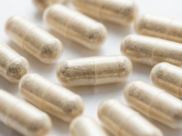 Macro photograph of clean, pure herbal extracts inside a transparent vegetarian capsule, bright clinical studio lighting, 35mm