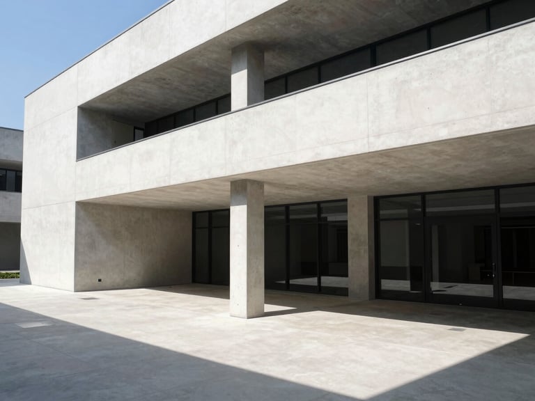Architectural wide angle of a modern concrete office interior, clean lines, sharp geometric shadows, daylight, 35mm