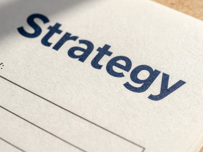 Sharp close-up of physical strategy worksheets with clean typography on a textured cream background, natural shadows, 35mm