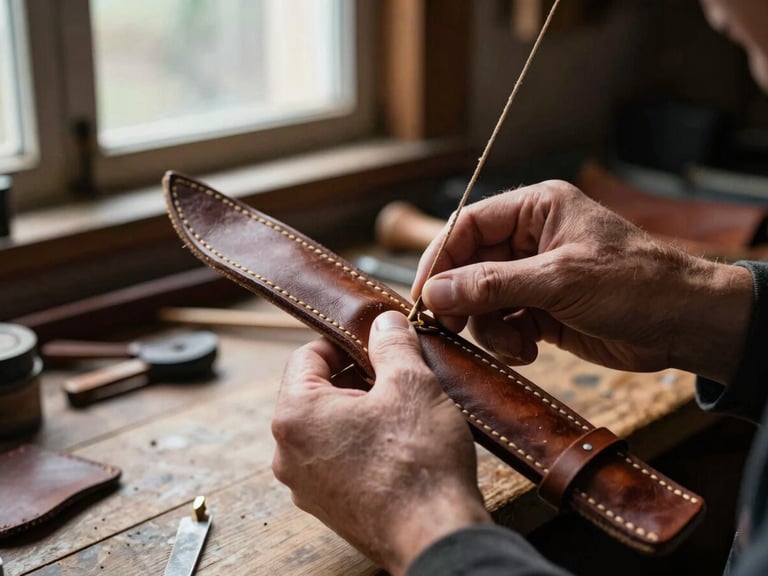 Close-up of a master artisan's hands carefully stitching a leather archery quiver, rich brown leather, waxed thread, natural light from a workshop window, rugged heritage photography