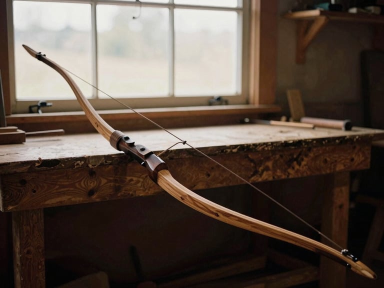 A traditional longbow, made from slow-cured yew wood, leaning against a workbench in a Nampa workshop, dramatic side-lit workshop window light, rich wood textures, heirloom-grade