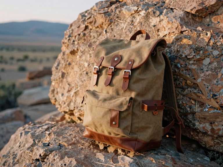 Durable canvas and leather backpack resting against a rocky outcrop in the Idaho high desert, early morning light, functional art, built to weather