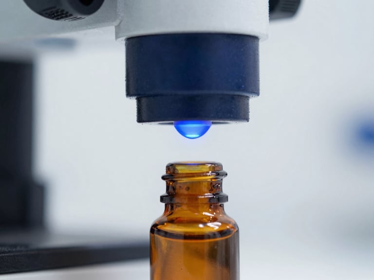 Macro close-up of amber pharmaceutical liquid being analyzed under a precise blue light beam sensor in a sterile cleanroom, landscape aspect