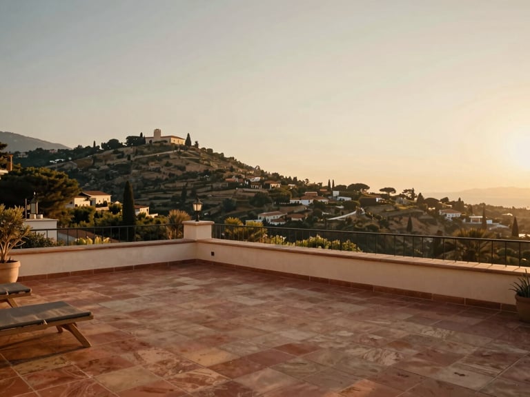 Cozy boutique hotel terrace overlooking a Mediterranean hillside at golden hour, warm terracotta tiles, soft natural light, cinematic wide-angle lens, warm editorial travel photography
