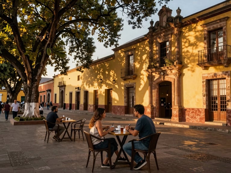 A couple sitting at a quiet outdoor cafe in a historic Latin American plaza, warm golden light filtering through trees, authentic local atmosphere, warm editorial travel photography