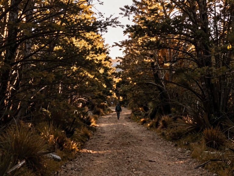 A quiet forest trail in Patagonia at golden hour, soft light filtering through the trees, a single traveler walking in the distance, rich earth tones