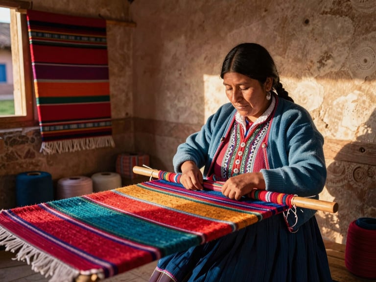 A local artisan weaving a colorful textile in an open-air workshop in Peru, warm afternoon sun, natural textures, organic portrait