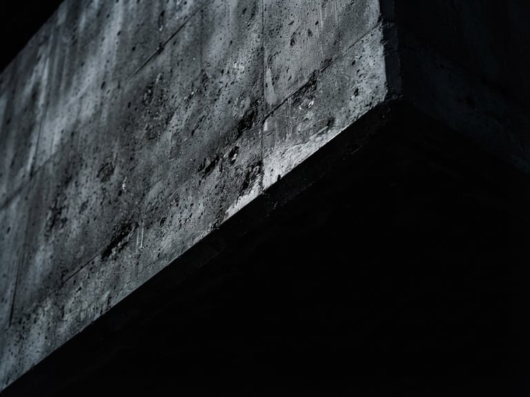Macro detail of dark architectural concrete edge cutting diagonally, sharp chiaroscuro light, deep black shadows, cool silver tones, 35mm