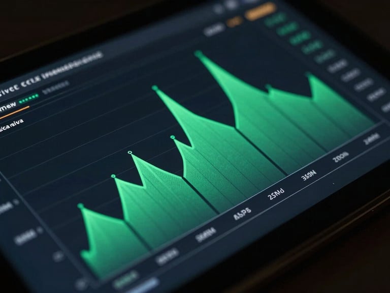 Macro shot of a sleek technical interface showing financial projections, sharp emerald lines on dark screen, cinematic lighting, 35mm