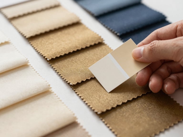 Close-up of fabric swatches in various muted gold tones, neatly arranged, with a hand holding a Pantone color chip for comparison, soft light.