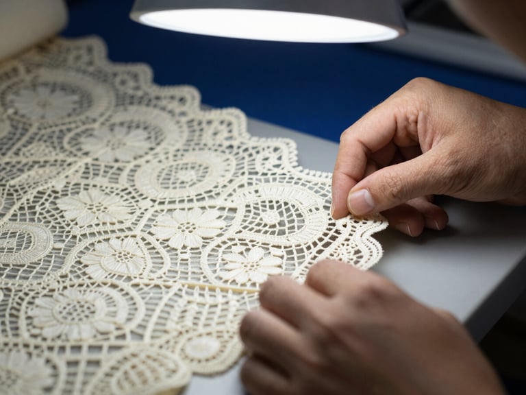 Macro shot of a quality control specialist's hands inspecting ivory lace fabric under a bright lamp, focusing on intricate details, shallow depth of field.