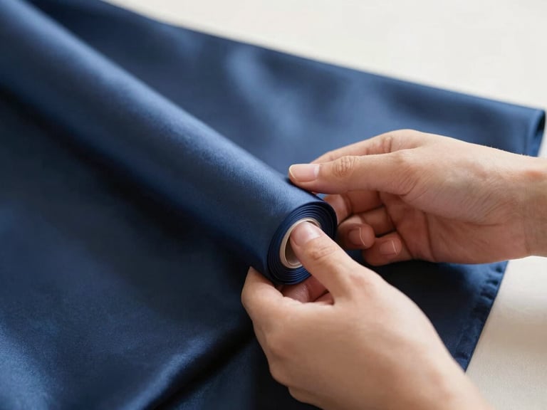Hands gently inspecting a roll of rich navy blue bridal satin, showing the sheen and texture under soft studio light, close-up.