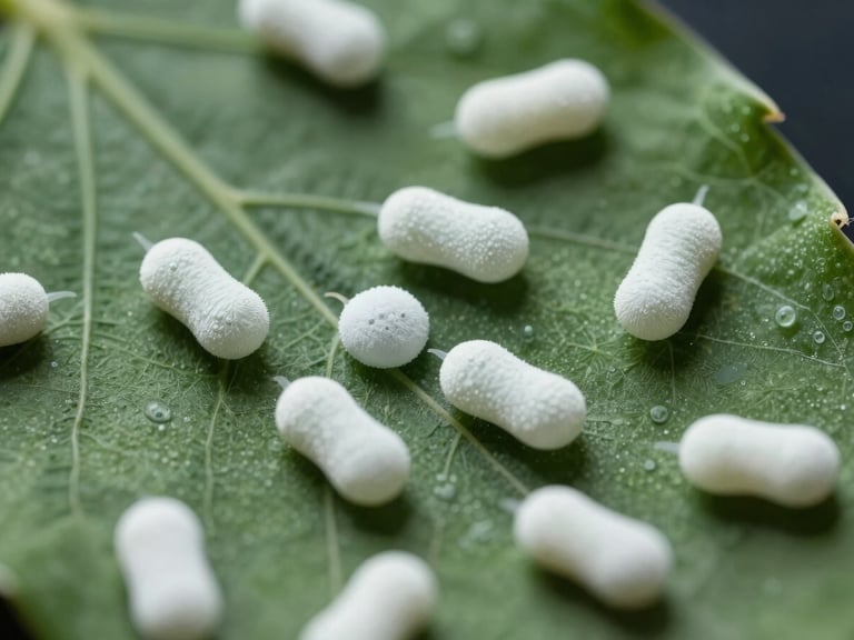 Microscopic view of beneficial microbes on a leaf surface, scientific illustration style, clinical light.