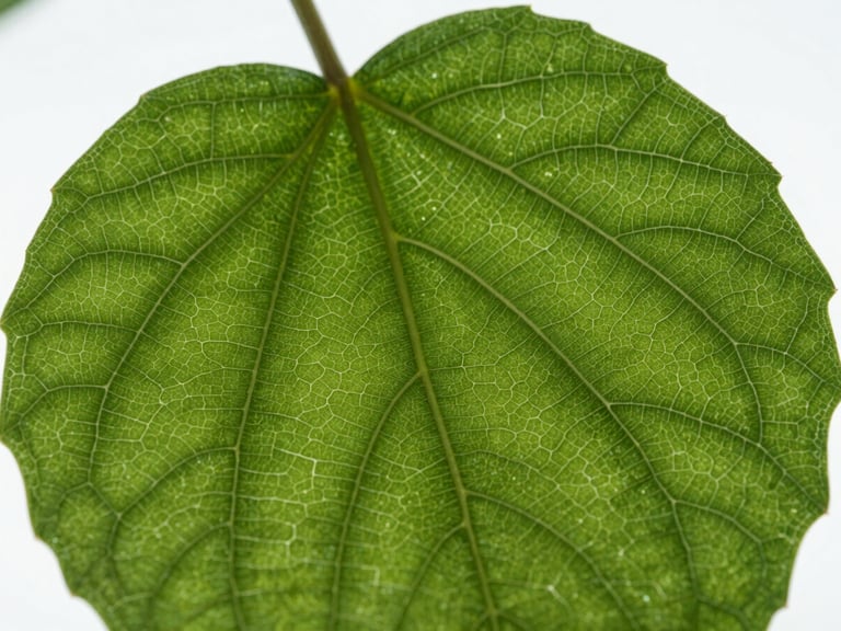 Macro photography of a plant leaf with visible venation, under clean, high-contrast scientific lighting, showing cellular structure.