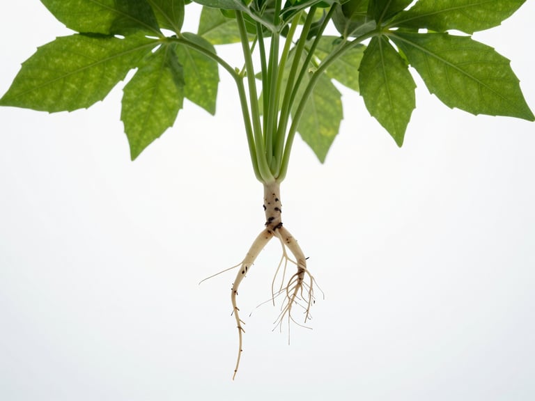 High-resolution image of plant roots and leaves, illustrating efficient nutrient translocation, clean laboratory light.