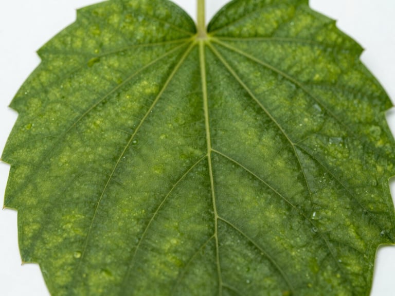 Macro photography of a healthy plant leaf, showing strong turgor and no signs of stress, under clean laboratory light, high-contrast.