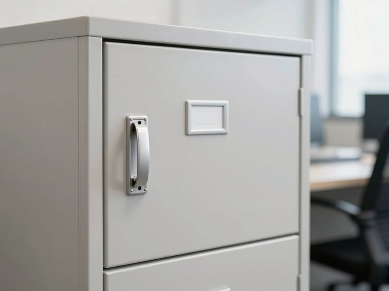 Close-up of a secure, locked filing cabinet in a modern office, soft lighting, conveying data protection.