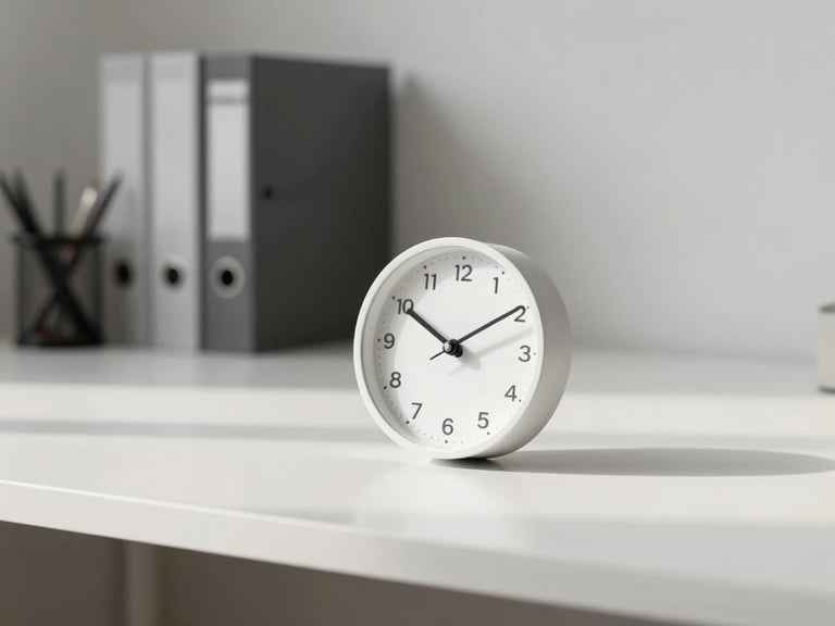 Minimalist desk with a sleek, modern clock in the foreground, blurred background of organized office supplies, soft daylight.