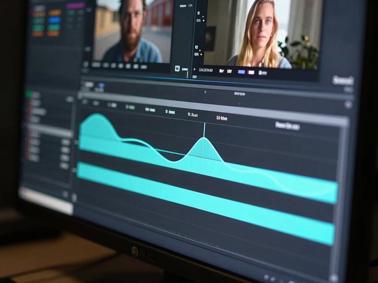 Macro close-up of a professional video editing timeline on a high-end monitor, glowing cyan color grading curves, dark studio background, shallow depth of field