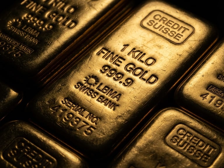 luxury macro photography of certified gold bullion bars with official stamps, dramatic low-key lighting, deep black background, sharp gold reflections, high contrast, 85mm lens