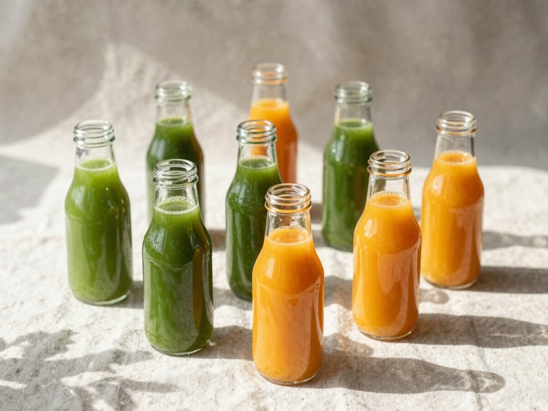 Wide shot of fresh green and orange juices in minimalist glass bottles arranged on a raw linen cloth, bright natural morning light, soft botanical shadows.