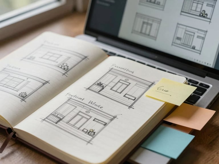 Close-up of a notebook with handwritten site structure sketches and sticky notes beside a laptop screen showing wireframe layouts, natural window light, process-focused work-in-progress feel