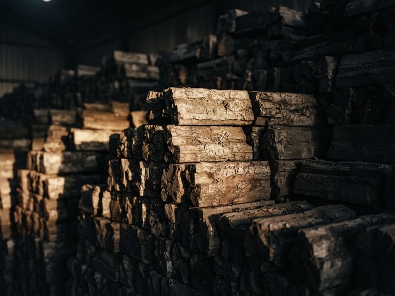 Dramatic low-key industrial photography of high-density charcoal blocks stacked in a warehouse, sharp side-lit studio shafts highlighting rich carbon textures, deep charcoal and warm ember tones, 50mm