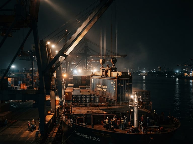 Dramatic low-key industrial photography of shipping containers being loaded onto a cargo ship at an Indonesian port, sharp side-lit shafts of light, deep charcoal and warm ember tones, high-contrast, 50mm