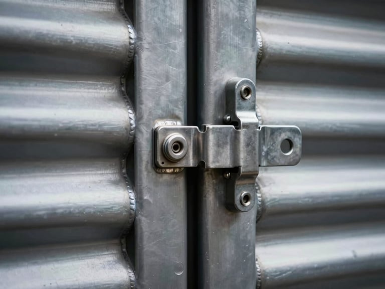 Extreme close-up of a heavy-duty stainless steel double-locking mechanism on a corrugated cargo box door, flawless weld seams visible, high-contrast low-key industrial lighting highlighting metallic edges.