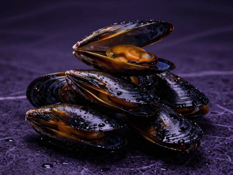 Extreme macro studio seafood photography of glistening, wet black mussel shells stacked professionally on a dark violet marble surface, dramatic gold lighting, high contrast, 85mm