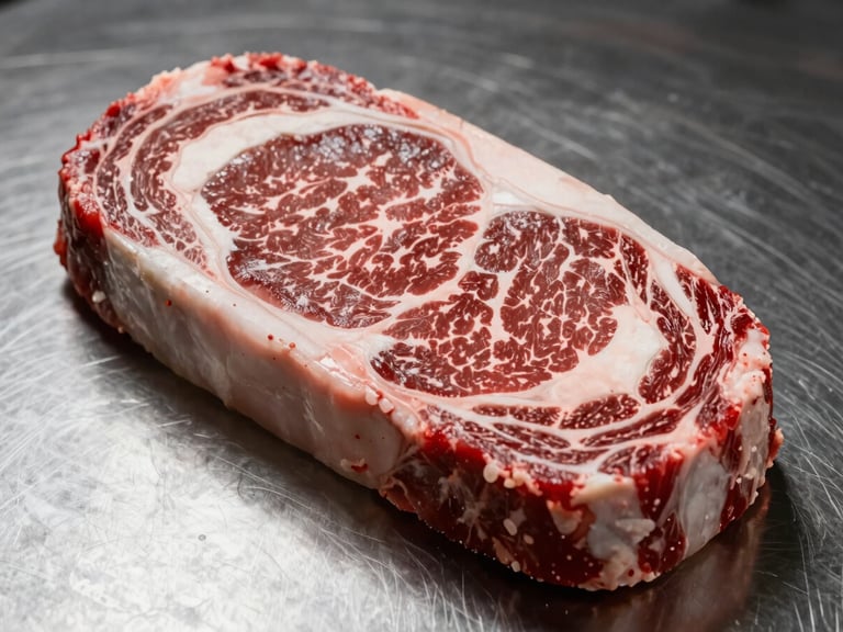Macro close-up of a raw premium beef ribeye steak on a clean stainless steel surface, showing intense white marbling and deep red meat texture, dramatic directional lighting