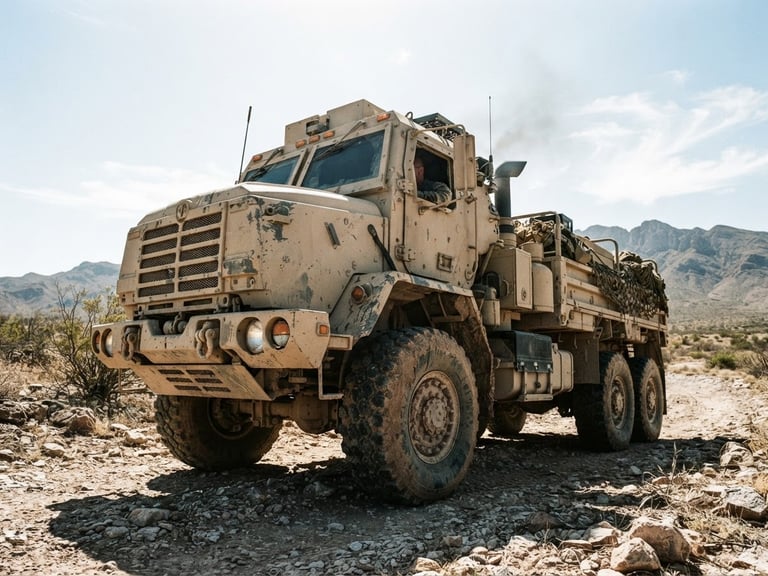 Low-angle gritty shot of a heavy-duty tactical transport truck idling in the harsh desert sun of El Paso, desaturated earth tones, 35mm film.