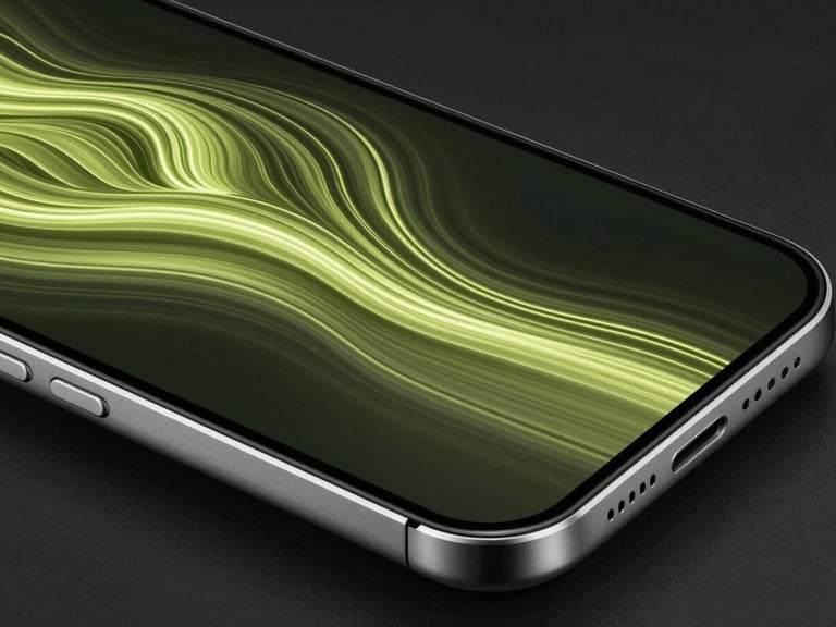 Extreme close-up of a flagship Android screen displaying a fluid, glowing vector curve with electric-lime light refracting off the curved glass edges, dark studio setting.
