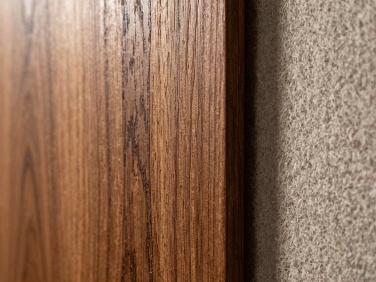 Macro close-up of premium walnut wood grain panels meeting soft woven wool acoustic fabric under warm, focused directional light.