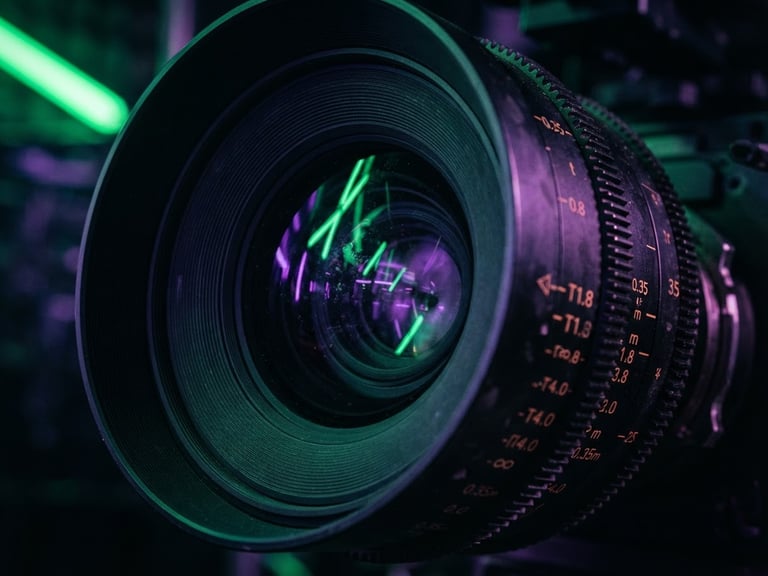 Extreme close-up of a high-end cinema camera lens reflecting vibrant electric green and deep violet neon studio lights, moody atmosphere, sharp focus, 35mm lens