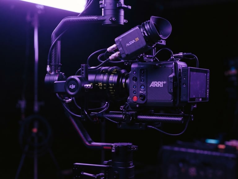 Moody studio photography with dramatic neon violet gel lighting, close-up of high-end cinema camera on a gimbal, sharp focus, 35mm lens