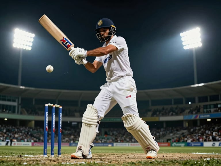 Low-angle heroic shot of a cricket batsman mid-swing, leather ball visible mid-air, high-contrast dramatic lighting, sharp shadows.