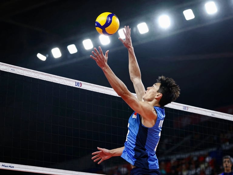 Tight action crop of a volleyball player spiking the ball over a net, high-contrast dramatic lighting, sharp stadium floodlights, cool tones.