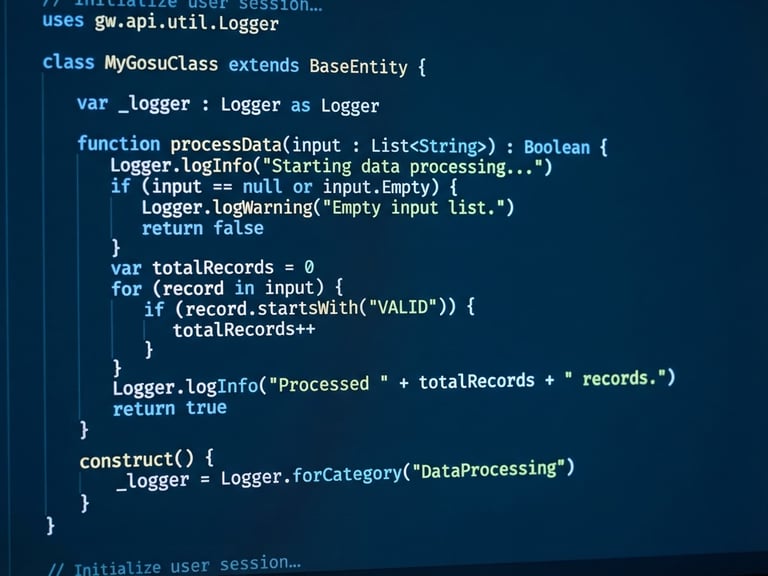Macro shot of a clean code editor displaying Gosu code on a high-contrast monitor, cool blue screen glow, sharp focus on syntax, technical blueprint aesthetic