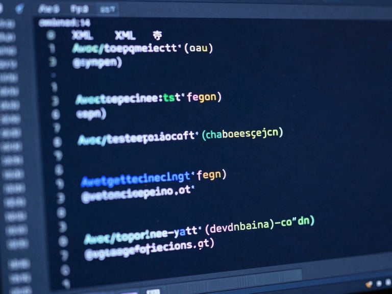 Macro shot of a clean code editor displaying complex XML and Gosu scripts, cool blue screen-glow illuminating key lines, sharp focus, 50mm.