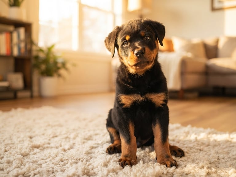 Eye-level portrait of a healthy Rottweiler puppy sitting on a soft cream rug in a sunlit living room, warm morning golden hour, shallow depth of field, 35mm